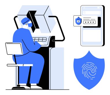 Şifre girişi, parmak izi kalkanı ve kimlik doğrulama ikonu olan bilgisayarda çalışan kişi. Siber güvenlik, gizlilik, koruma, teknoloji, veri güvenliği, kimlik doğrulama için ideal