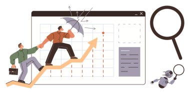 İnsanlar grafik okuna tırmanıyor, şemsiyeyi oklara dayıyor, büyüteç kullanıyor, yapay zeka robotu kullanıyor. Büyüme, takım çalışması, strateji, analitik yenilikçilik direnci için idealdir. Basit düz metafor