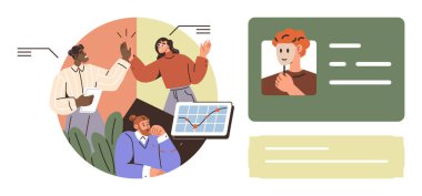 Çeşitli meslektaşlar işbirliği yapıyor, fikirleri paylaşıyor, grafiklerle ilgili verileri analiz ediyor. Takım çalışması, üretkenlik, kariyer, ağ oluşturma, organizasyon, iletişim için ideal kimlik kartı