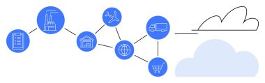 Üretim, ulaşım, depolama, küresel ağ, alışveriş ve bulut için doğrusal bağlantılı simgeler. Lojistik, tedarik zinciri, e-ticaret ağ veri depolama bulutu dijital hesaplama için ideal