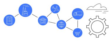 Fabrika, depo, uçak, kamyon, dünya ve el arabalarını gösteren düğümler, lojistik, küresel ticaret ve verimli tedarik zincirini temsil ediyor. İş lojistiği için ideal
