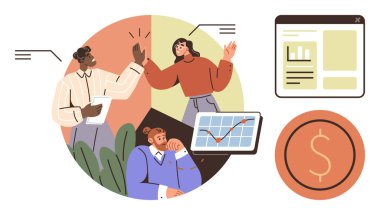 Takım başarıyı kutluyor, fikirleri tartışıyor, haritaları analiz ediyor ve finansal stratejiler üzerinde çalışıyor. Takım çalışması, finans, büyüme, iş stratejisi, başarı planlama ve işbirliği için ideal