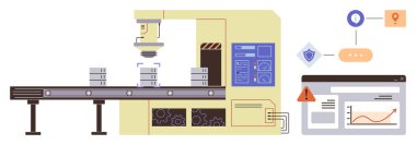 Kutuları, otomatik makineleri ve analiz paneli olan endüstriyel taşıyıcı. Üretim için ideal, otomasyon, kalite kontrolü, sektör 4.0, veri izleme verimliliği basit düz