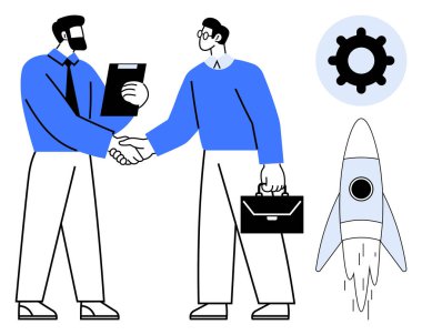 İki adam el sıkışıyor, biri evrak çantası tutuyor, roket fırlatıyor, ve bir vites simgesi. İşbirliği, iş büyümesi, yenilik, takım çalışması, anlaşma yapma girişimciliği için ideal başarı