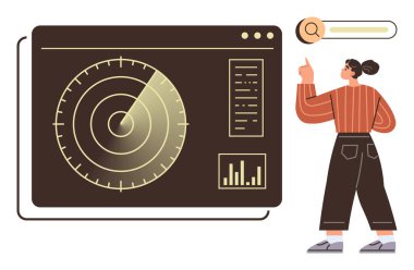 Kadın veri tabloları, istatistikler ve arama çubuğuyla radar arayüzünü inceliyor. Analiz, navigasyon, araştırma, yenilik, teknoloji keşfi için ideal. Minimalist düz metafor