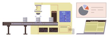 Verileri ve analizleri gösteren dizüstü bilgisayara bağlı, taşıma bandı üzerinde robot kol montajı ürünleri. Üretim, otomasyon, robot bilimi, sanayi 4.0, üretkenlik, teknoloji sade düz