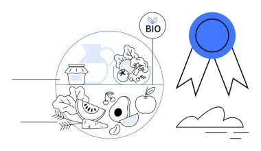 Taze sebzeler, meyveler, bio-etiket ve kaliteyi, sağlığı ve sürdürülebilirliği yansıtan ödül kurdelesi. Sağlık, beslenme, eko-dostluk için ideal organik ürün veganizm refahı ve diyet