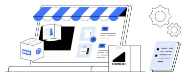 Mağaza vitrinleri, ürün kutuları, alışveriş arabası ikonları, ayarlar vitesleri ve kağıt belgelerle dijital dükkan arayüzü. E-ticaret, çevrimiçi alışveriş, perakende satış, iş pazarlama satışları için ideal