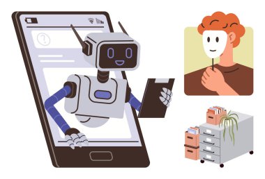 Akıllı telefon panosundan çıkan insansı robot verileri maskeyle karşılaştırıyor. Özellik belgeleri istifleme ve dosya dolabı. Teknoloji, yapay zeka, kimlik, veri gizliliği, gelecek için ideal