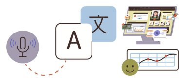 Mikrofon, dil simgeleri, eğitim araçlarıyla bilgisayar arayüzü, mutlu yüz ve analitik şeması. Çevrimiçi dil öğrenme, çeviri, eğitim, veri izleme araçları için ideal