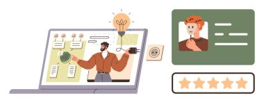 Sunucunun ders verdiği ve kişisel profil kartı ve yıldız puanının bitişiğindeki fikirlerini sergilediği bir dizüstü bilgisayar. E-öğrenim, iş, çevrimiçi değerlendirmeler, eğitim, kişisel markalaşma, uzaktan kumanda için ideal