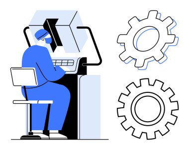 Kontrol panelinde çalışan işçiler endüstriyel ekipmanları çalıştırıyor, büyük vitesler yan tarafta. Üretim, otomasyon, üretim, endüstri, teknoloji, geliştirme ekip çalışması için ideal. Basit düz