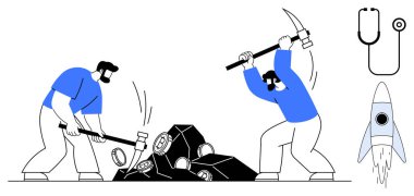 İki işçi, steteskop ve roketle çevrili araçlarla maden ocağı kuruyor. Takım çalışması, emek, yenilik, sağlık, keşif, kaynak çıkarma ve ilerleme için idealdir. Basit düz metafor