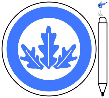 Mavi meşe yaprakları dairesel çerçevenin içinde, kalem silueti ve gitar çalan bir kişi tarafından tamamlanmış. Doğa, eğitim, yaratıcılık, sanat, markalaşma, logo kırtasiyesi için ideal. Basit düz metafor