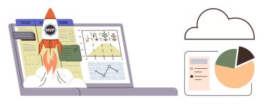 Analitik çizelgeler ve bulut depolama ikonları ile buluşları sembolize eden bir roket dizüstü bilgisayardan çıkıyor. Başlangıç için ideal ilerleme, hedef başarı, iş stratejisi, veri analizi, bulut teknolojisi
