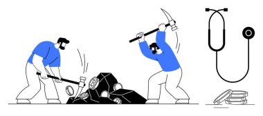 İki işçi taş kırmak için çekiç ve kazma kullanıyor, yakınlarda steteskop asılı, madeni paralar istiflenmiş. Çalışma, ekonomi, sağlık giderleri, iş-yaşam dengesi, sıkı çalışma, mali sağlık konuları için ideal