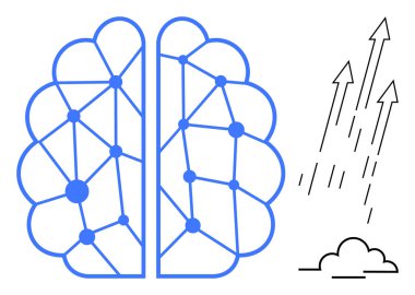 Gelişmeyi, teknolojiyi ve yeniliği sembolize eden oklar yanında ağ ızgarasındaki bağlı düğümlerle biçimlendirilmiş beyin anahatları. Bilim, teknoloji, yapay zeka, öğrenme, takım çalışması için ideal