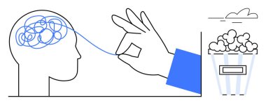Kaotik bir beyin ipliğini çözme, fikirleri sembolize eden patlamış mısır kutusu, ilham için bulut. Yaratıcılık, problem çözme, zihinsel berraklık, yenilik, farkındalık, beyin fırtınası için ideal