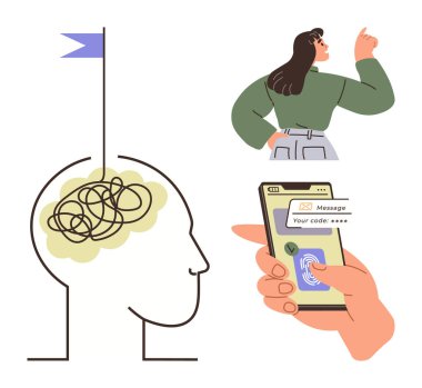 Karışık düşünceleri ve bayrağı olan bir kafa profili, telefonu kullanan bir kadın. Problem çözme, hedef belirleme, karar verme, odaklanma, dijital güvenlik, strateji basit düz
