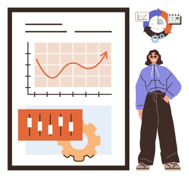 Ayarlanabilir kontrol ayarları ve teçhizat, dairesel bilgi ve kendine güvenen bireyin yanında yükselen eğilim okuyla grafikler. Büyüme, strateji, iş, liderlik, analitik ve takım çalışması için ideal