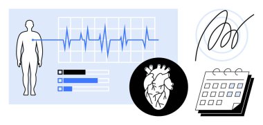 ECG grafiği, kalp diyagramı, ilerleme çubuğu, imza ve takvimi olan insan anatomisi. Sağlık, kardiyoloji, dijital sağlık, tıbbi kayıtlar, teşhis takibi için ideal