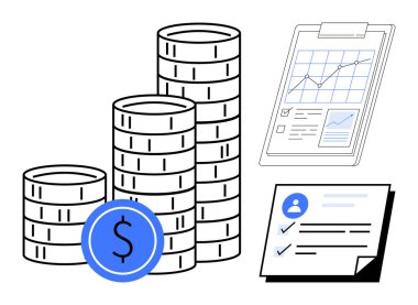 Birikmiş paralar, analitik raporlar ve profil kontrol listesi finans, gelir artışı, bütçe, yatırım ve performans takibini temsil ediyor. İş ve ekonomi hedef belirleme analizleri için ideal