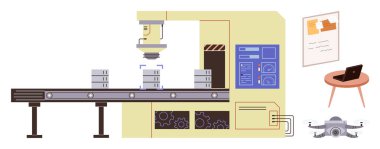 Robotik kol konveyör bandına nesneler yerleştirmek, ekranları izlemek, yakınlardaki kuadkopteri izlemek ve dizüstü bilgisayarlı bir masa. Otomasyon, robot bilimi, teknoloji, imalat, verimlilik yeniliği için ideal