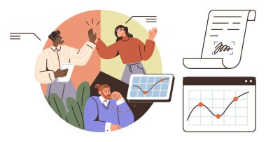 Çalışanlar büyüme tablolarını tartışıyor, biri bir belge imzalıyor, diğerleri takım çalışmasını kutluyor. İş iletişimi, analitik, takım çalışması, strateji, hedef motivasyonu için ideal. A