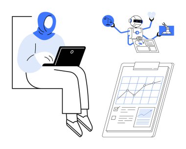 Dizüstü bilgisayarda çalışan bir kadın, panoda dijital grafikler, ölçekli yapay zeka robotu ve bilimsel aletler. Teknoloji, verimlilik, analitik, yapay zeka, eğitim yeniliği için ideal. Basit düz