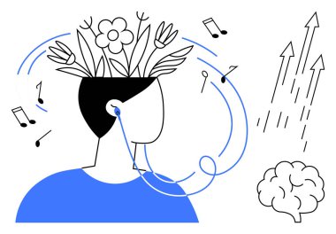 Başında çiçekler, kulaklıklarında kulaklıklar, notalar, soyut oklar ve beyin çizimi olan bir kişinin taslağı. Yaratıcılık için ideal, farkındalık, rahatlama, ilham zihinsel