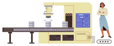 Endüstriyel makine bileşenleri taşıma bandında, bir profesyonel tarafından izleniyor. Üretim, teknoloji, otomasyon, fabrika yeniliği, kalite güvencesi, verimlilik, basit daire