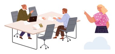 İki meslektaş laptoplar ve kağıtlarla bir masada tartışırken, bir kadın da yakınlarda olumlu jestler yapıyor. Takım çalışması, beyin fırtınası, strateji, iletişim, yenilik, başarı için ideal