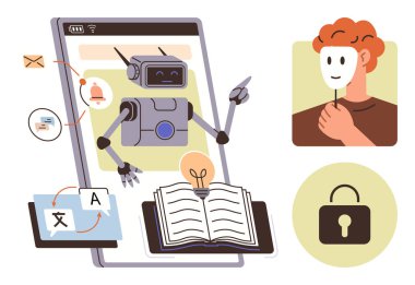 Robot akıllı telefonla iletişim kuruyor, belgeleri yönetiyor, metni çeviriyor ve verimliliğe yardımcı oluyor. Kilit, maske ve kitap gizlilik ve kimlik öğrenmeyi ön plana çıkarıyor. Yapay zeka teknolojisi gizlilik temaları için ideal