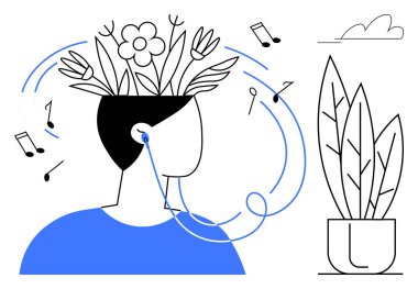 Kulaklıkla müzik dinlerken kafasında çiçekler büyüyen insanlar, büyümeyi, yaratıcılığı, farkındalığı, müzik terapisini, hayal gücünü, rahatlamayı ve zihinsel sağlığı çağrıştıran basit bir bemol.