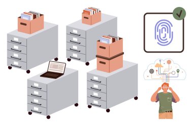 Dolaplar dokümanlar, dizüstü bilgisayarlar, parmak izi doğrulaması, bulut ağı konsepti, kişisel analiz verileri ile dolu. Güvenlik, organizasyon, dijital kayıt tutma, bulut hesaplama verileri için ideal