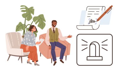 İki profesyonel oturmuş, yakınlarda bir belge ve kalemle sözleşme şartlarını ve bir uyarı simgesini tartışıyorlar. Yasal danışmanlık, anlaşma, müzakere, müşteri toplantısı, iş desteği için ideal