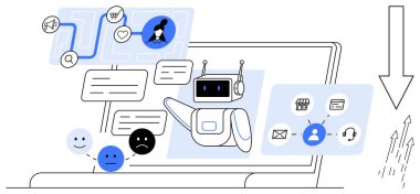 Bir dizüstü bilgisayarda sohbet, duygu analizi ve görev yönetimi yoluyla çalışan robot asistanı. Otomasyon, müşteri hizmetleri, yapay zeka, teknoloji, iletişim geribildirim kullanıcı arayüzü için ideal. Basit düz