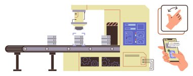 Robotik kol istifleme kutuları ve akıllı telefon ile uzaktan kumandalı konveyör bandı. Endüstri için ideal, otomasyon, bağlantı, dijitalleştirme, akıllı fabrika, robot bilimi, verimlilik. Basit düz