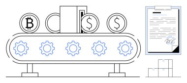 Onaylanmış bir belgeye doğru kripto para ve dolar nakli yapan dişli taşıyıcı. Fintech, otomasyon, finans, kripto para, engelleme zinciri, uyum ve verimlilik için ideal. Basit düz metafor