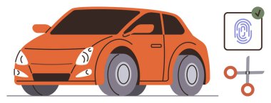 Yuvarlak dizaynlı turuncu araç, güvenli parmak izi erişim paneli ve çapraz araba anahtarı grafiği. Teknoloji, güvenlik, yenilik, otomasyon, ulaşım, modern yaşam tarzı için idealdir.