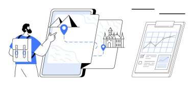 Sırt çantalı biri güzergahları, dağları ve işaretleri olan dijital haritalara bakıyor. Yakınlarda veri ve analitik grafiklerle dolu bir pano var. Seyahat, teknoloji, planlama, araştırma için ideal