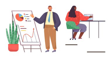 Adam çizelgeleri beyaz tahtada sunuyor, kadın laptopta analiz ediyor. İş stratejisi, takım çalışması, ofis iş akışı, verimlilik, veri analizi, sunum uzaktan çalışma için ideal. Basit düz