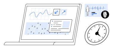 Ekranda grafikler, sağlık ölçümleri, insan figürü, kalp ikonu ve analog kronometre var. Sağlık, zindelik, veri analizi, teletıp, teknoloji yeniliği için idealdir.