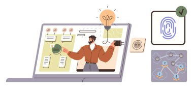 Laptop ekranında ampulü, diyagramı, biyometriği, fişi ve güvenlik haritası olan bir sunucu var. Yenilik, güvenlik, teknoloji, kimlik doğrulama eğitimi için ideal iş akışı yaratıcılığı
