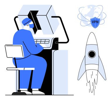 Gelişmiş bilgisayar kullanan, veri korumasını ve güvenli interneti sembolize eden bir profesyonel. Siber güvenlik, teknoloji, çevrimiçi gizlilik, yenilik, VPN hizmetleri, ağ güvenliği, başlangıç büyümesi için ideal
