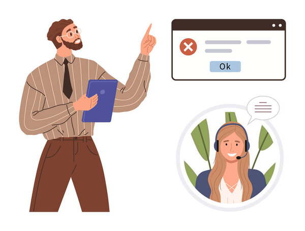 Man presenting issue on error notification while customer service representative in headset offers help. Ideal for communication, technical support, teamwork, customer care, troubleshooting, online
