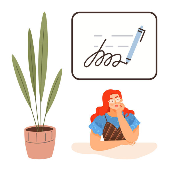 Женщина задумалась и положила подбородок на руку, посадила в горшок, перо и подпись на экране. Идеально подходит для созерцания, принятия решений, творчества, планирования, мышления, заключения деловых соглашений