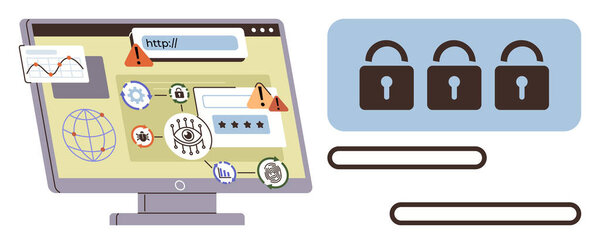 Computer screen filled with digital security alerts, login forms, and encryption icons beside three padlocks. Ideal for data protection, cybersecurity, internet safety, online risks, digital privacy