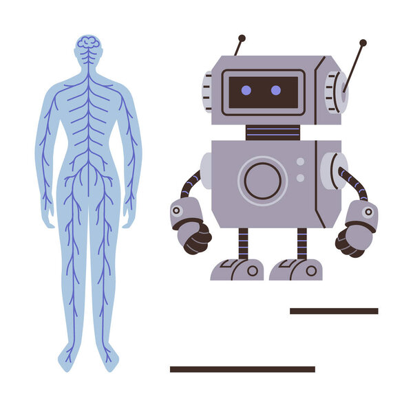 Иллюстрация нервной системы человека в паре с роботом, выделяя биологические и технологические параллели. Идеально подходит для науки, робототехники, медицинских исследований, AI, здравоохранения, инноваций и образования. A