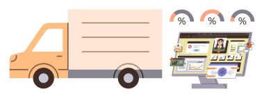 Analiz, belgeler ve çizelgelerle dolu bir kargo kamyonu ve dijital panel. Lojistik, dağıtım, iş analizi, ulaşım, tedarik zinciri otomasyonu ve e-ticaret için ideal. Basit düz